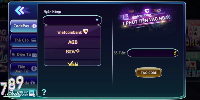 Nạp tiền 789Club qua code pay siêu an toàn
